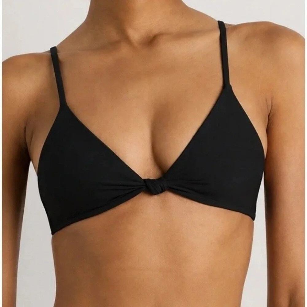QUINCE Italian Knotted Triangle Bikini Top Black NWT Size Large L MINIMALIST